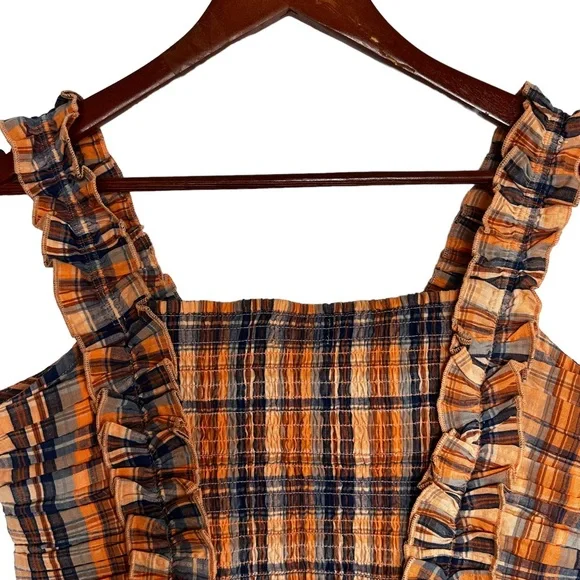 Verb by Pallavi Singhee x Anthropologie Ruffled Plaid Top Smocked Orange Medium - Picture 12 of 15